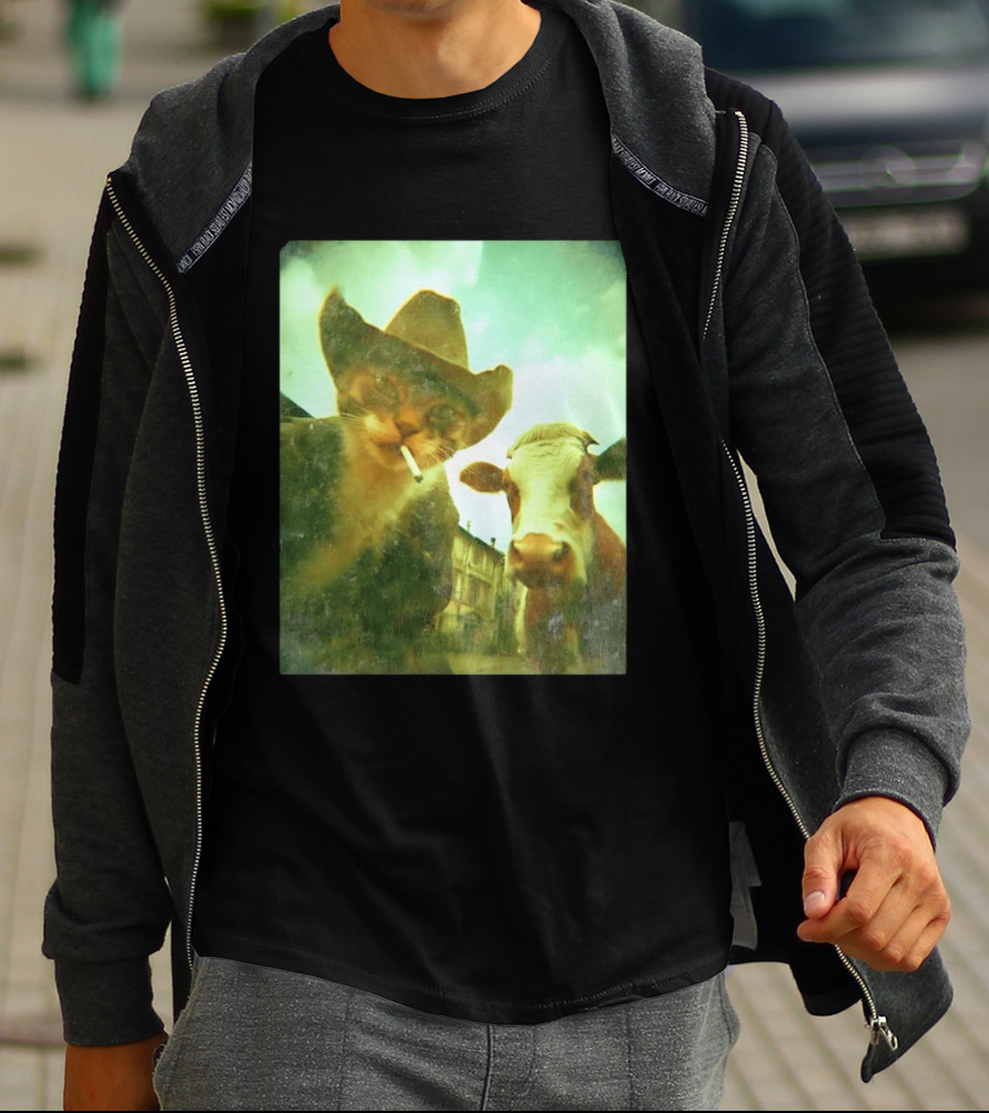 Cowboy Cat Smoking With Cow T-Shirt