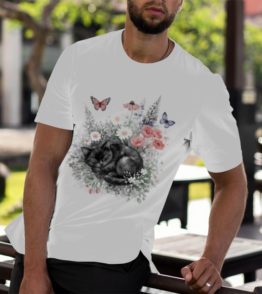 Black Cat Surrounded By Vibrant Flowers And Butterflies T-Shirt