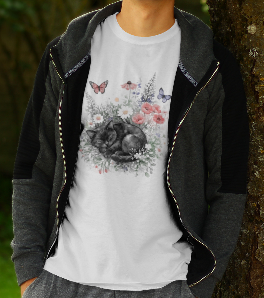 Black Cat Surrounded By Vibrant Flowers And Butterflies T-Shirt