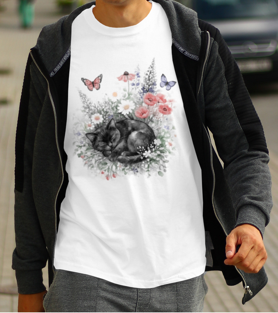 Black Cat Surrounded By Vibrant Flowers And Butterflies T-Shirt