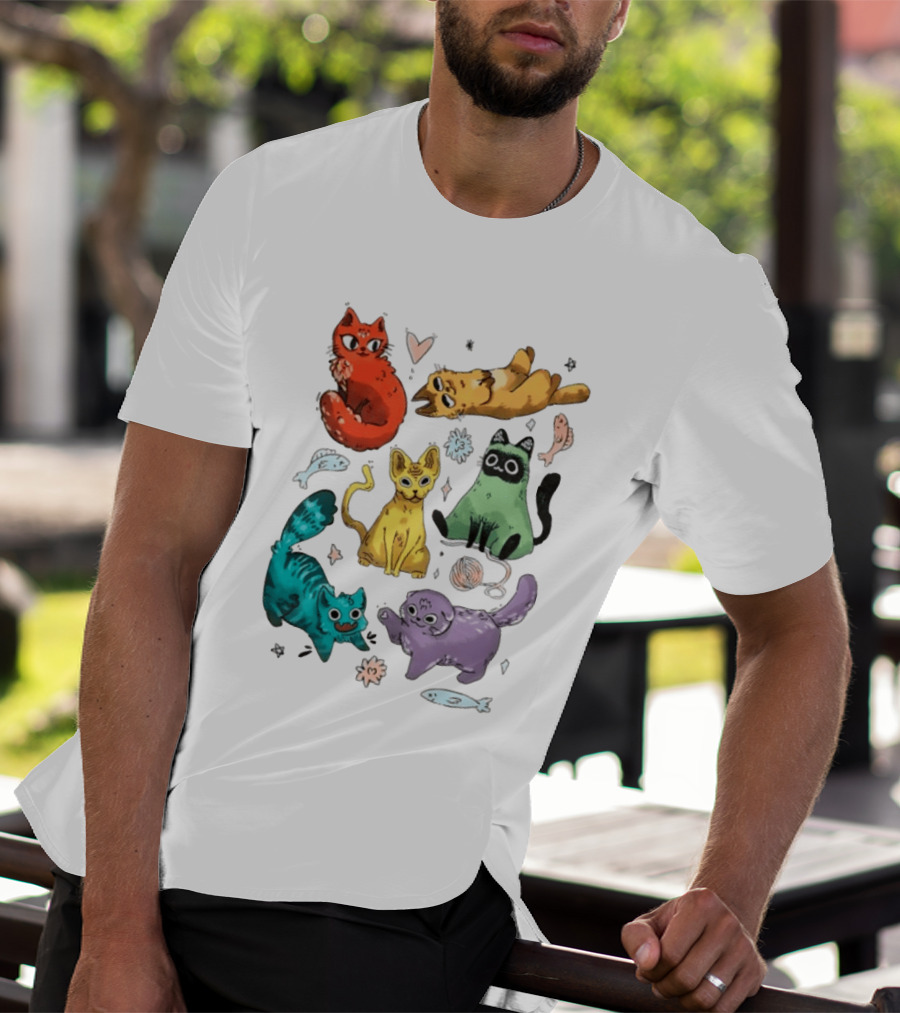 Whimsical Colorful Cats And Rainbow Hearts Collage T-Shirt