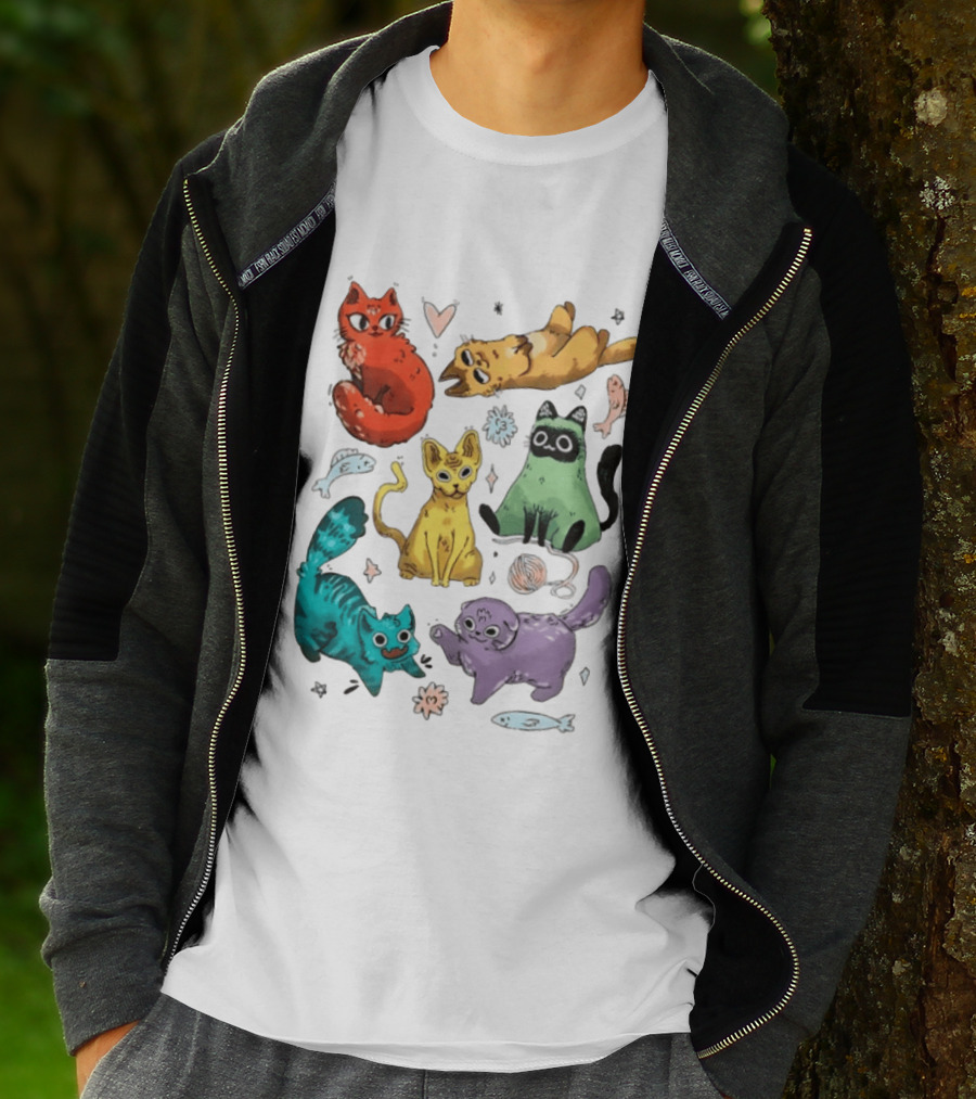 Whimsical Colorful Cats And Rainbow Hearts Collage T-Shirt