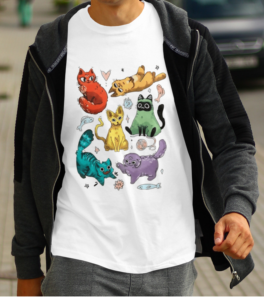Whimsical Colorful Cats And Rainbow Hearts Collage T-Shirt