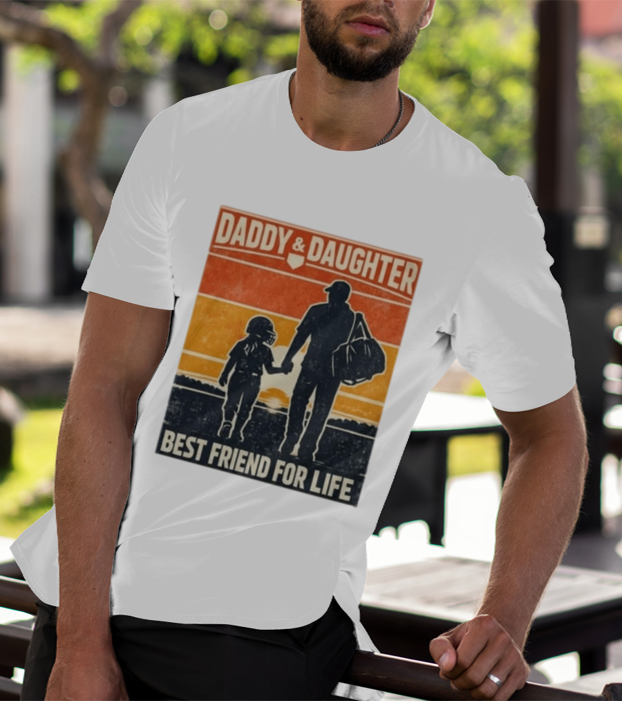 Daddy & Daughter Best Friend For Life Baseball Softball Silhouette Retro Sunset T-Shirt