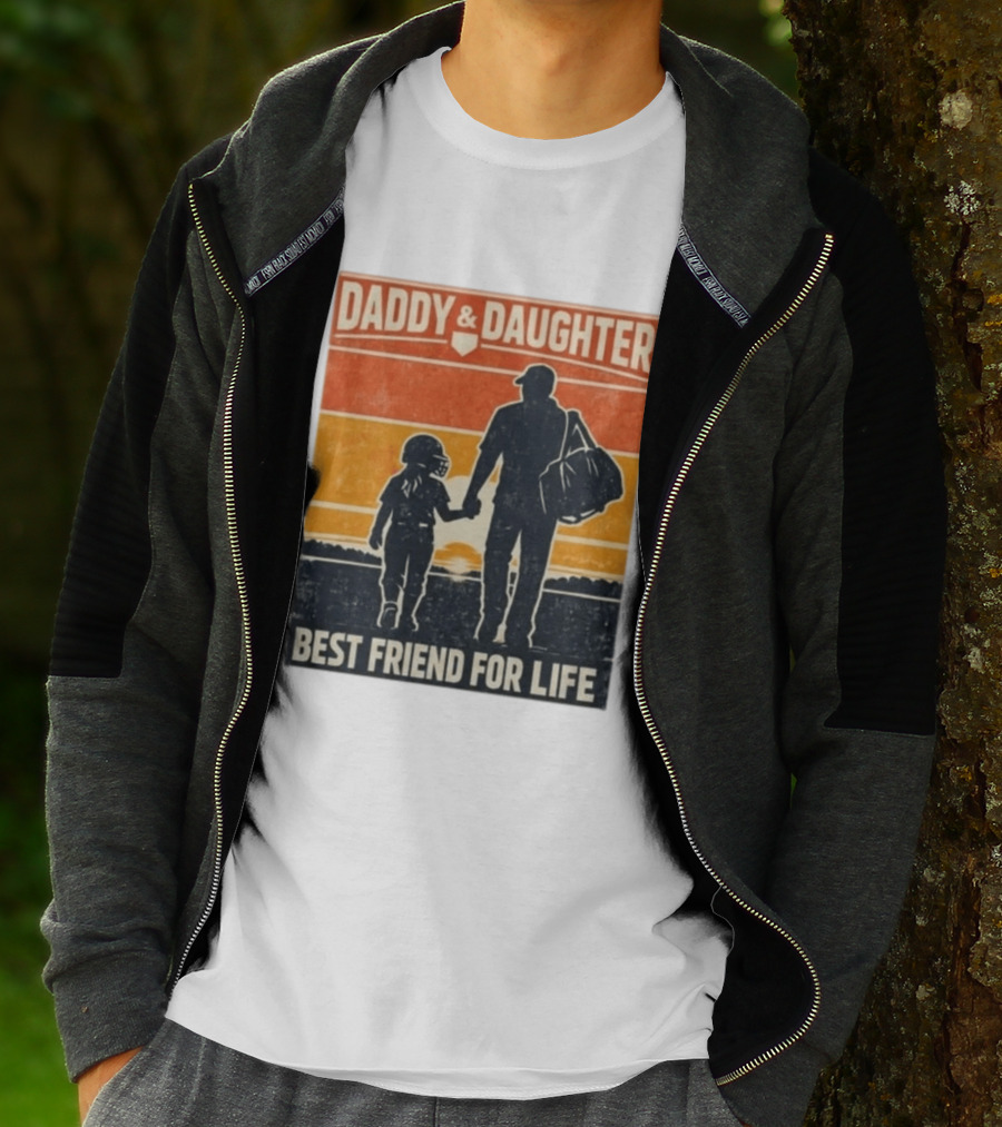 Daddy & Daughter Best Friend For Life Baseball Softball Silhouette Retro Sunset T-Shirt