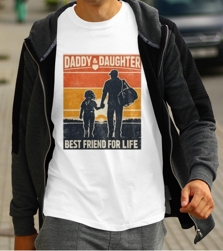 Daddy & Daughter Best Friend For Life Baseball Softball Silhouette Retro Sunset T-Shirt