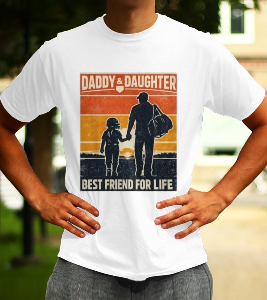 Daddy & Daughter Best Friend For Life Baseball Softball Silhouette Retro Sunset T-Shirt