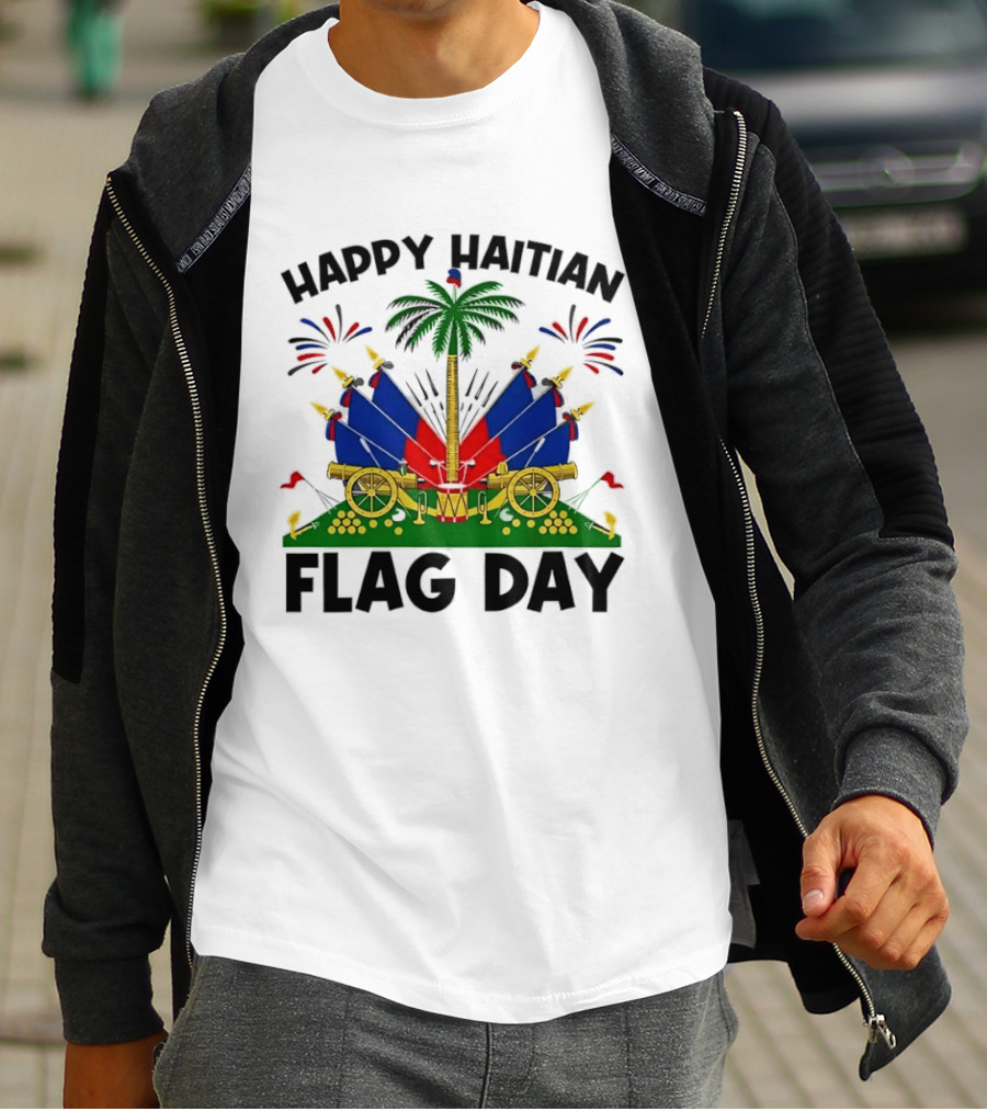 Happy Haitian Flag Day Coat Of Arms Palm Tree Cannons Fireworks Celebration T-Shirt