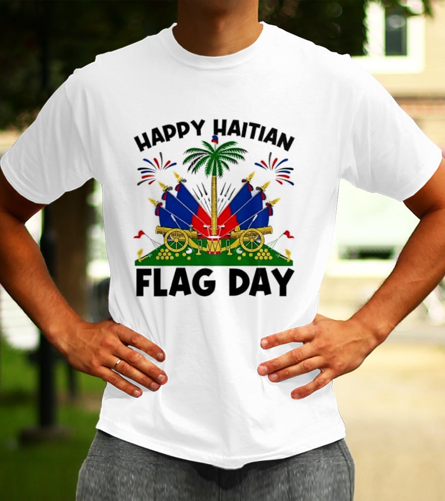 Happy Haitian Flag Day Coat Of Arms Palm Tree Cannons Fireworks Celebration T-Shirt