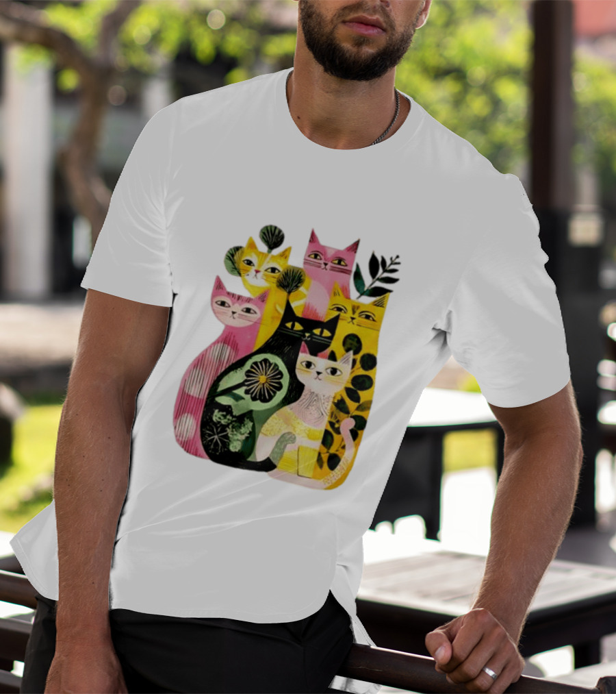 Vibrant Stylized Cats Botanical Foliage Whimsical T-Shirt