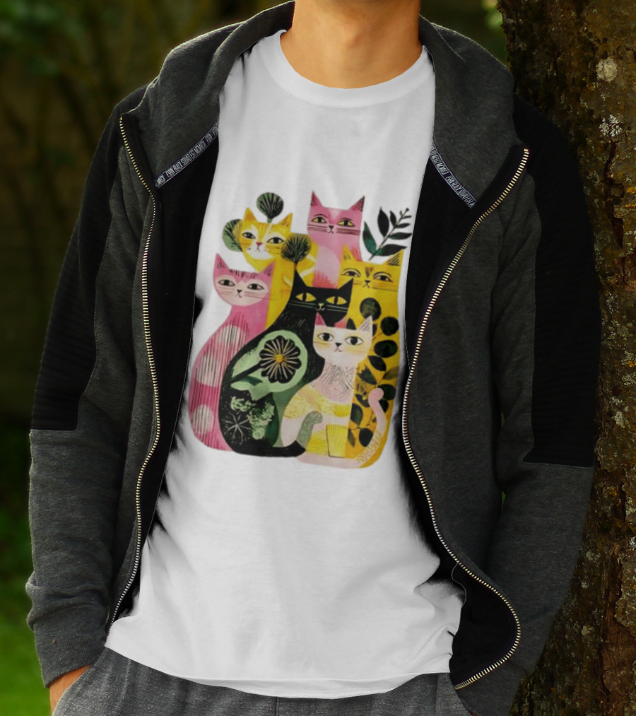 Vibrant Stylized Cats Botanical Foliage Whimsical T-Shirt