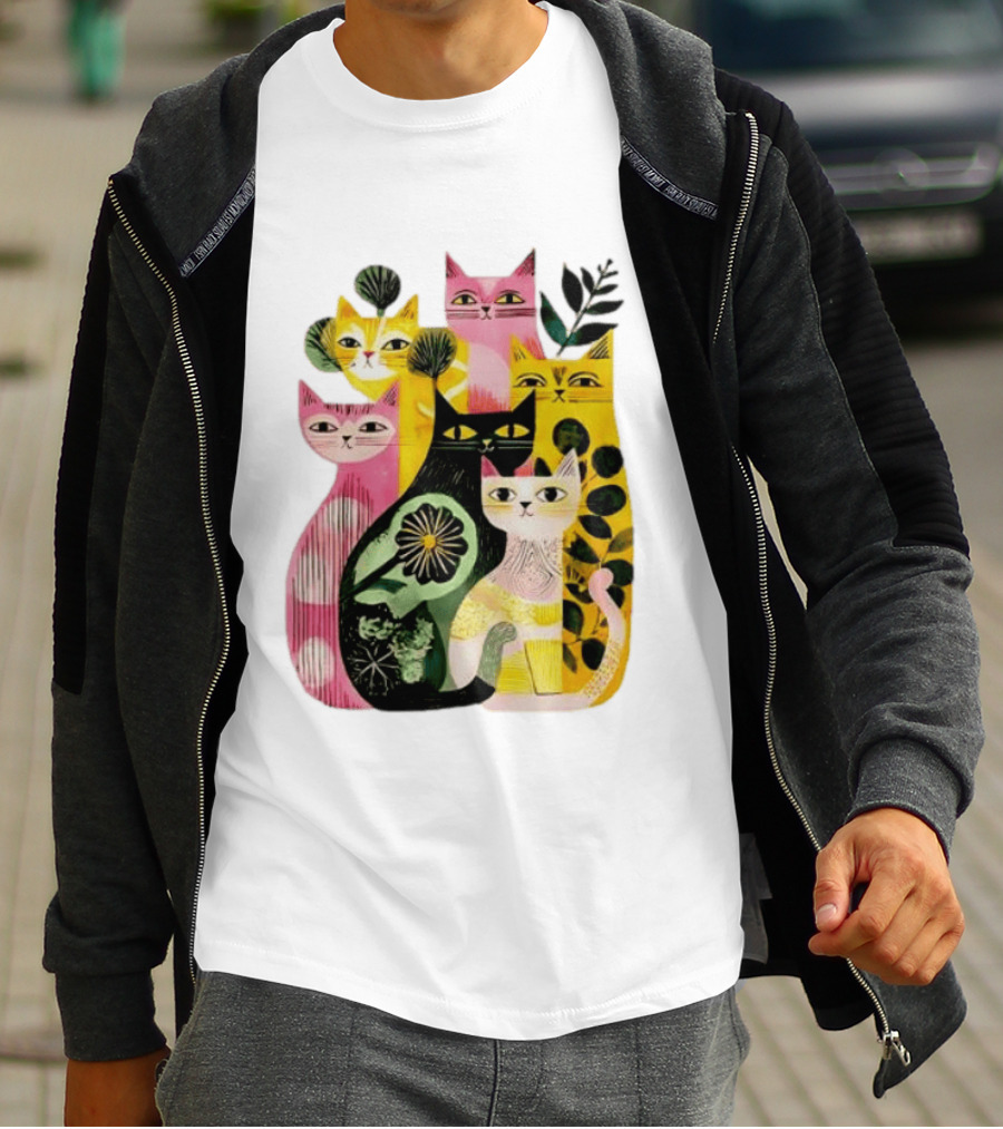 Vibrant Stylized Cats Botanical Foliage Whimsical T-Shirt