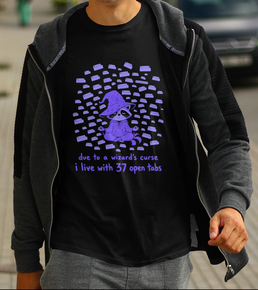 Due To A Wizard's Curse I Live With 37 Open Tabs Raccoon Meditation Magic Hat T-Shirt