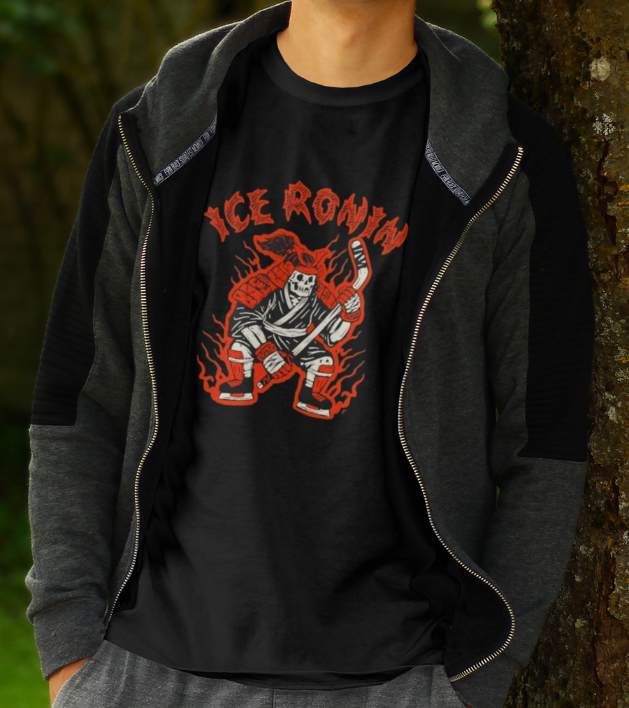 Ice Ronin Samurai Skull Hockey Stick Flames T-Shirt