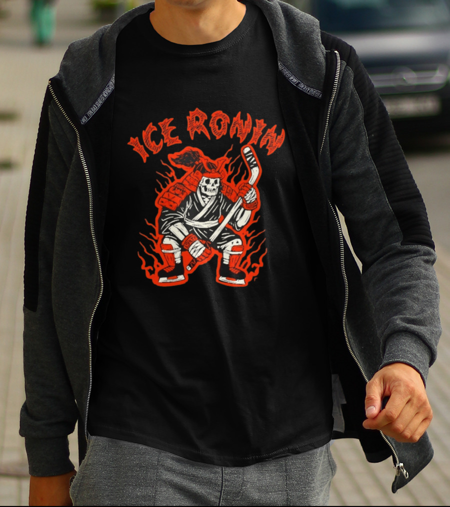 Ice Ronin Samurai Skull Hockey Stick Flames T-Shirt