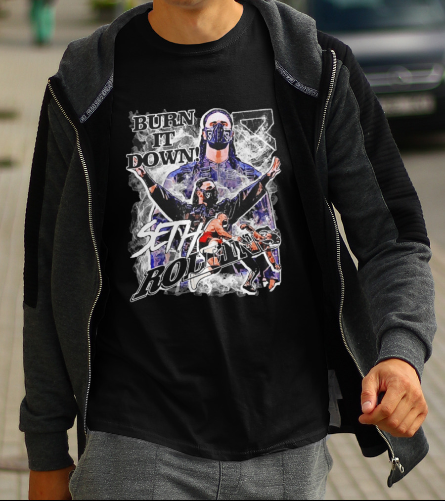 Seth Rollins Burn It Down Wrestling Action Fighter Masked Champion T-Shirt