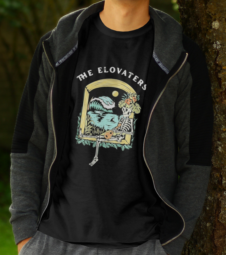 The Elovaters Endless Summer Skeleton Surfing Ukulele Moonlight Scene T-Shirt