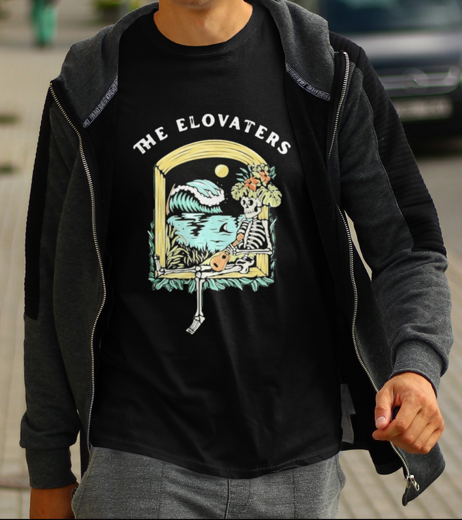 The Elovaters Endless Summer Skeleton Surfing Ukulele Moonlight Scene T-Shirt