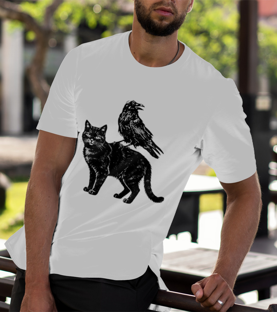 Black Cat And Raven Silhouette Duo T-Shirt