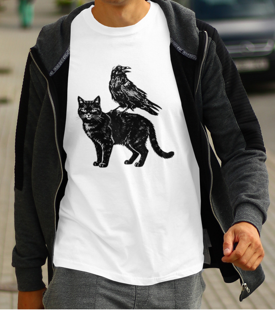 Black Cat And Raven Silhouette Duo T-Shirt