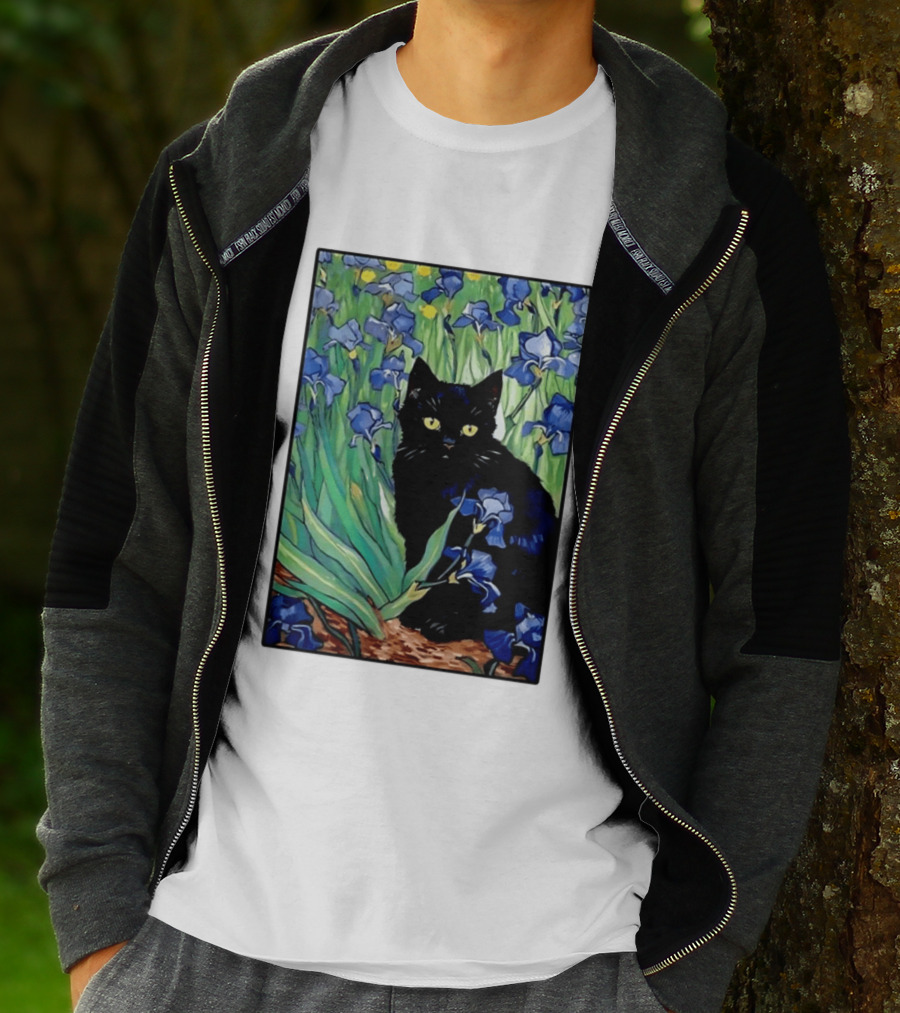 Black Cat With Van Gogh Irises Painting T-Shirt