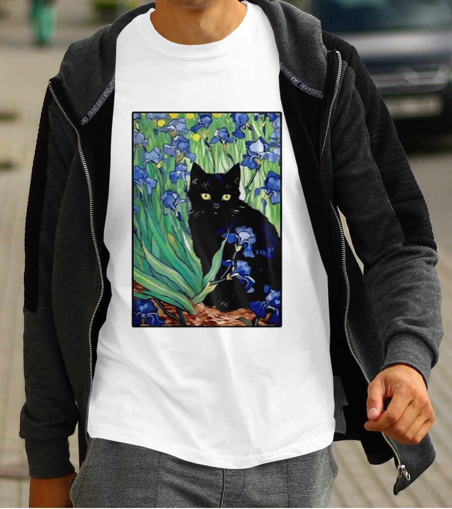 Black Cat With Van Gogh Irises Painting T-Shirt