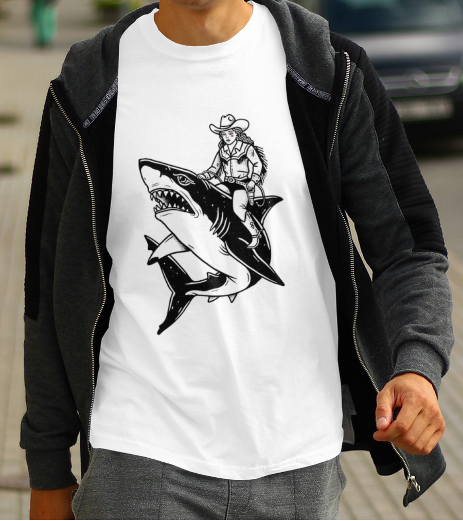 Cowgirl Riding Shark Novelty T-Shirt