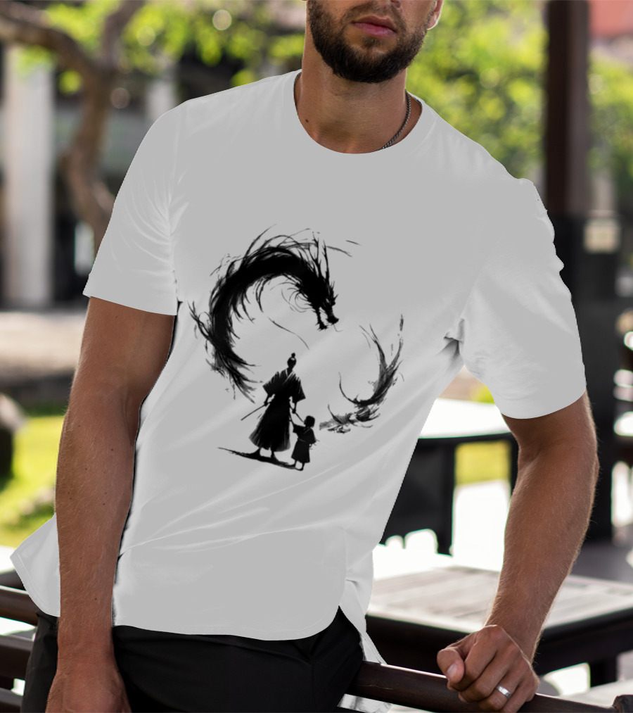 Samurai And Son With Black Dragon Circle T-Shirt