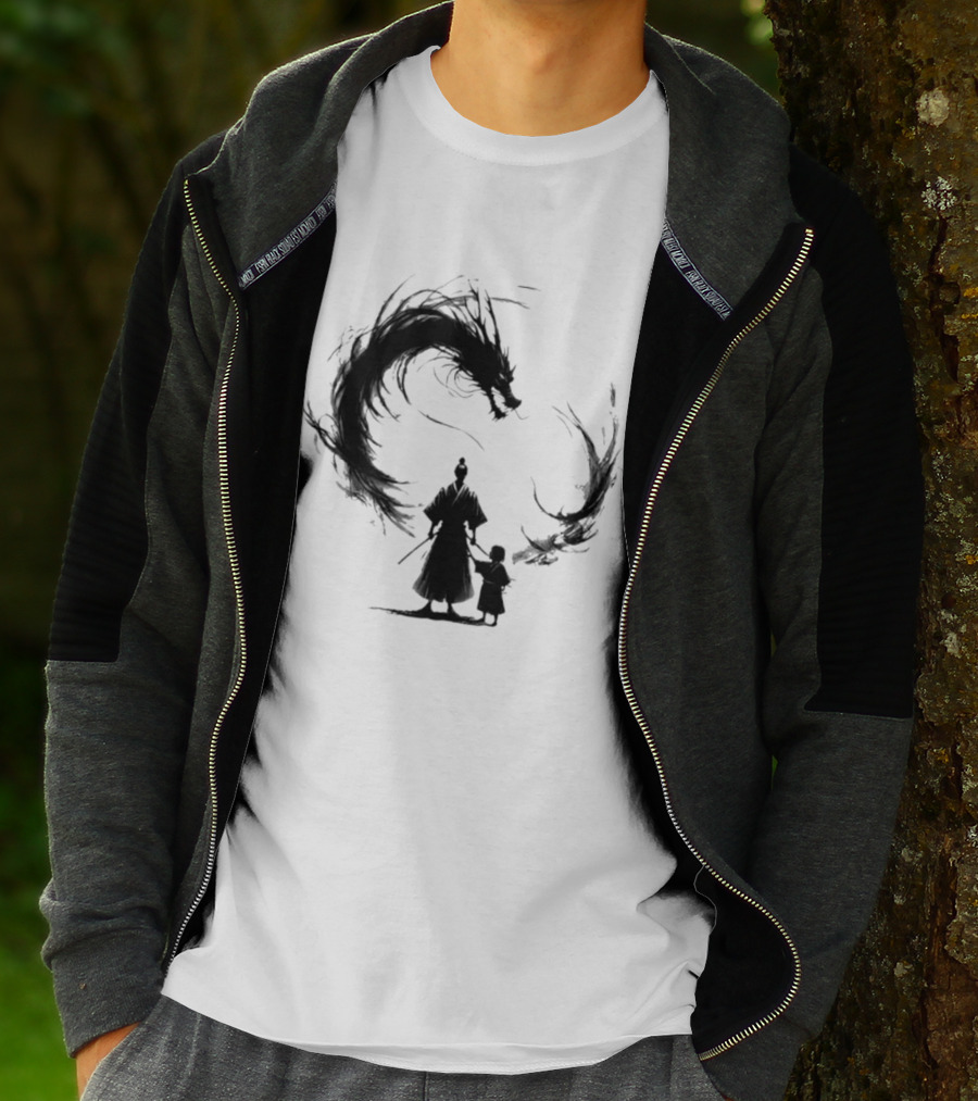Samurai And Son With Black Dragon Circle T-Shirt