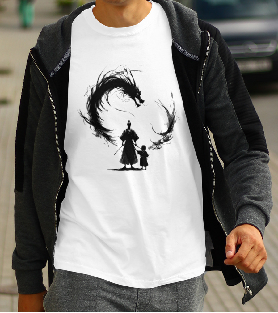 Samurai And Son With Black Dragon Circle T-Shirt