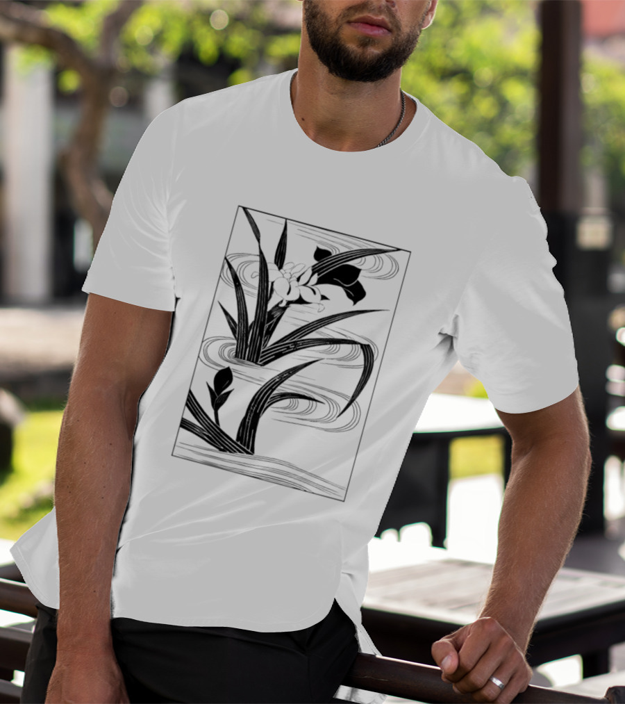 Japanese Black And White Irises In Water With Flowing Waves T-Shirt