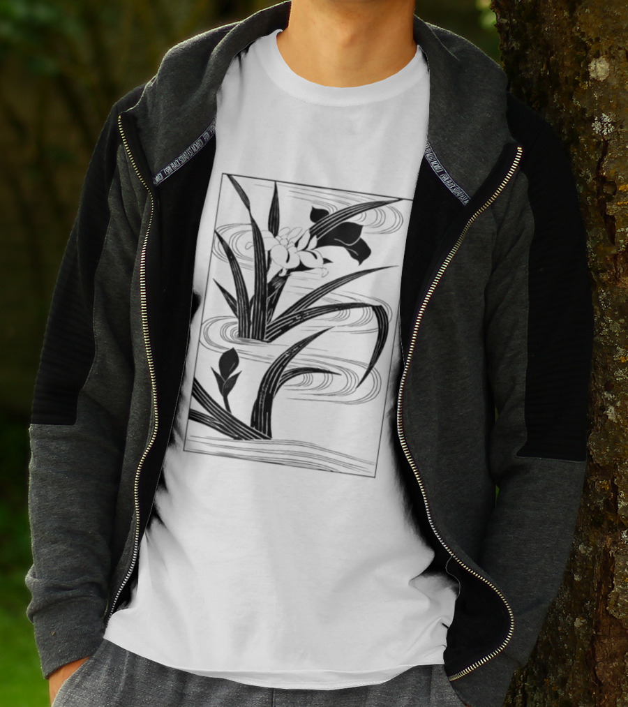 Japanese Black And White Irises In Water With Flowing Waves T-Shirt
