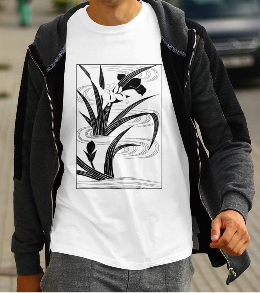 Japanese Black And White Irises In Water With Flowing Waves T-Shirt
