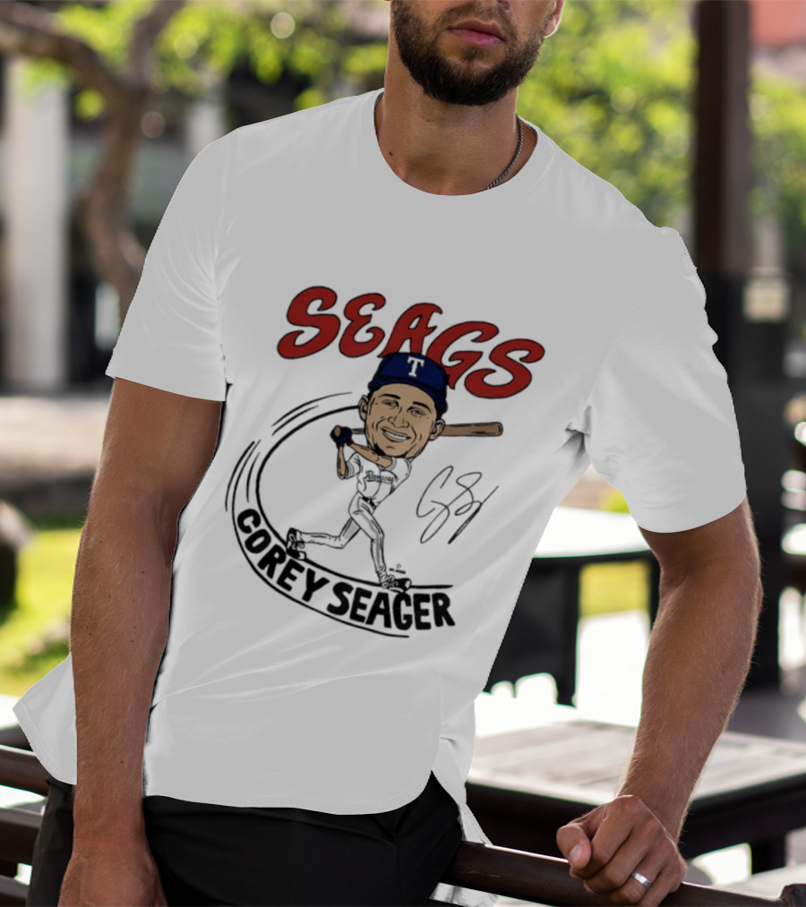 Seags Corey Seager Texas Rangers Slugger Swing Caricature T-Shirt