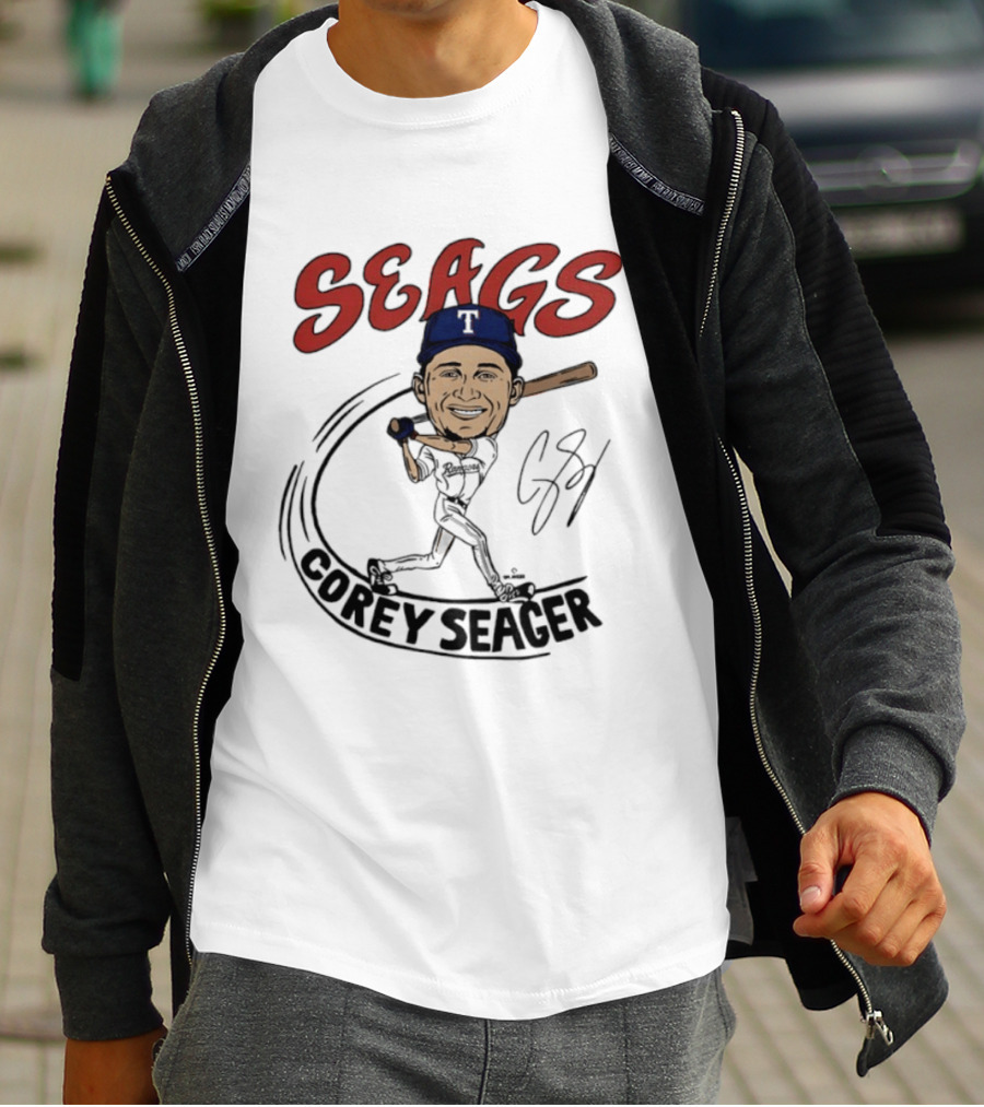 Seags Corey Seager Texas Rangers Slugger Swing Caricature T-Shirt