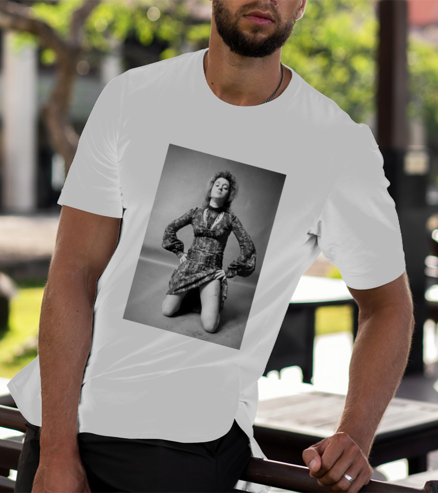 Valie Export Iconic Performance Tribute Kneeling Image With Patterned Dress And Belt T-Shirt