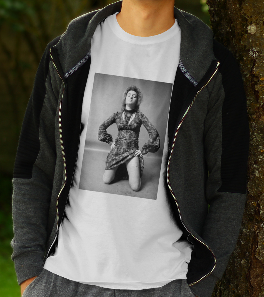 Valie Export Iconic Performance Tribute Kneeling Image With Patterned Dress And Belt T-Shirt