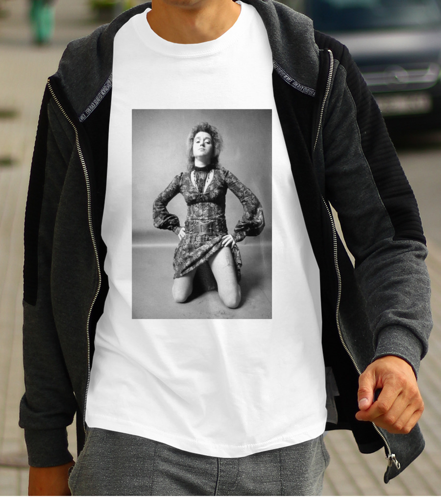 Valie Export Iconic Performance Tribute Kneeling Image With Patterned Dress And Belt T-Shirt