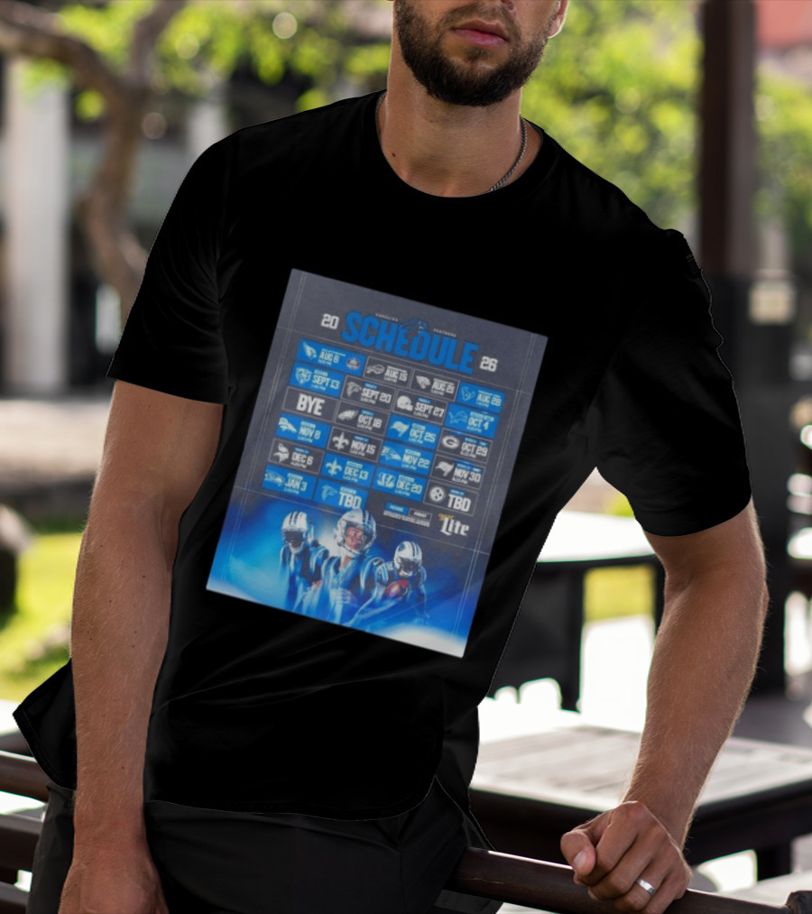 Carolina Panthers 2026 Game Schedule With Player Imagery And Opponent Logos T-Shirt