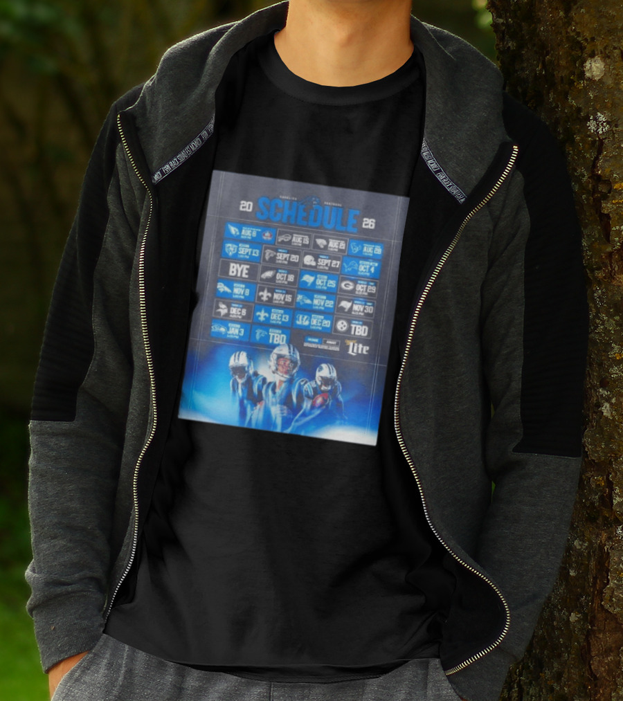 Carolina Panthers 2026 Game Schedule With Player Imagery And Opponent Logos T-Shirt