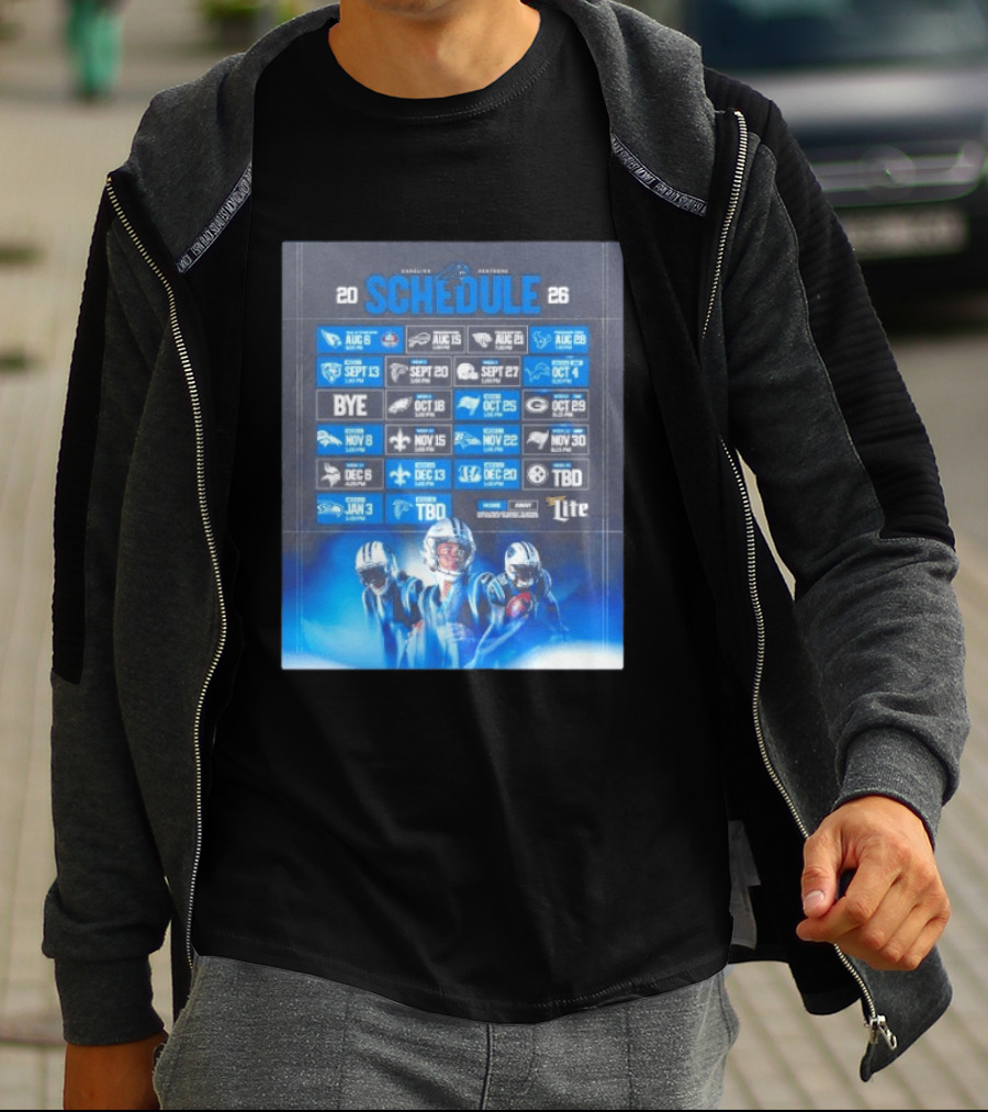 Carolina Panthers 2026 Game Schedule With Player Imagery And Opponent Logos T-Shirt