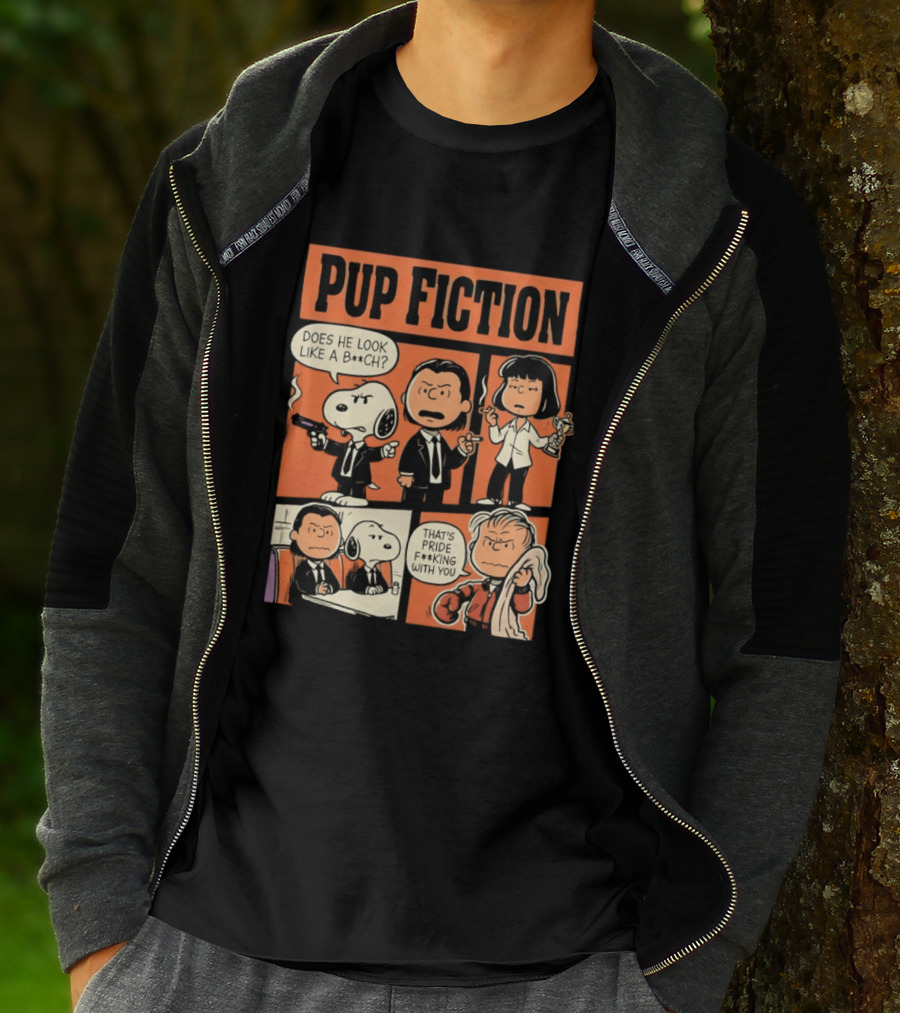 Pup Fiction Peanuts And Pulp Fiction Characters Mashup T-Shirt