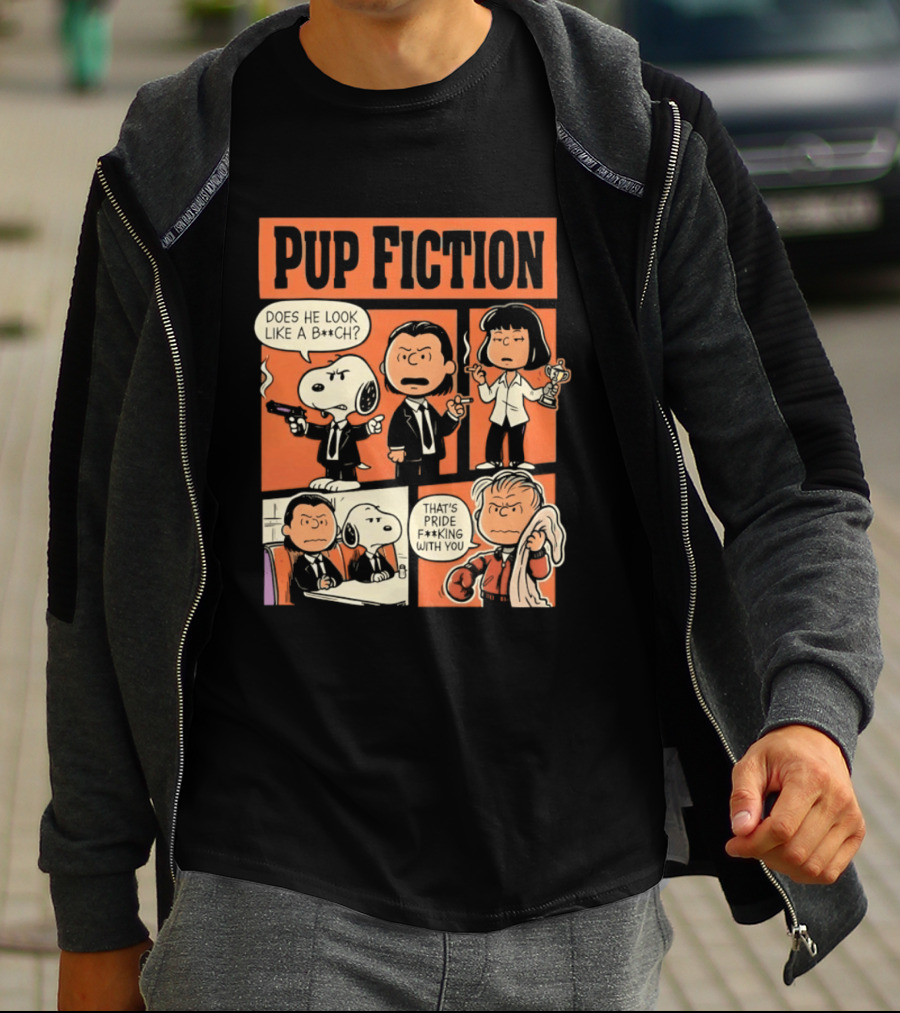 Pup Fiction Peanuts And Pulp Fiction Characters Mashup T-Shirt