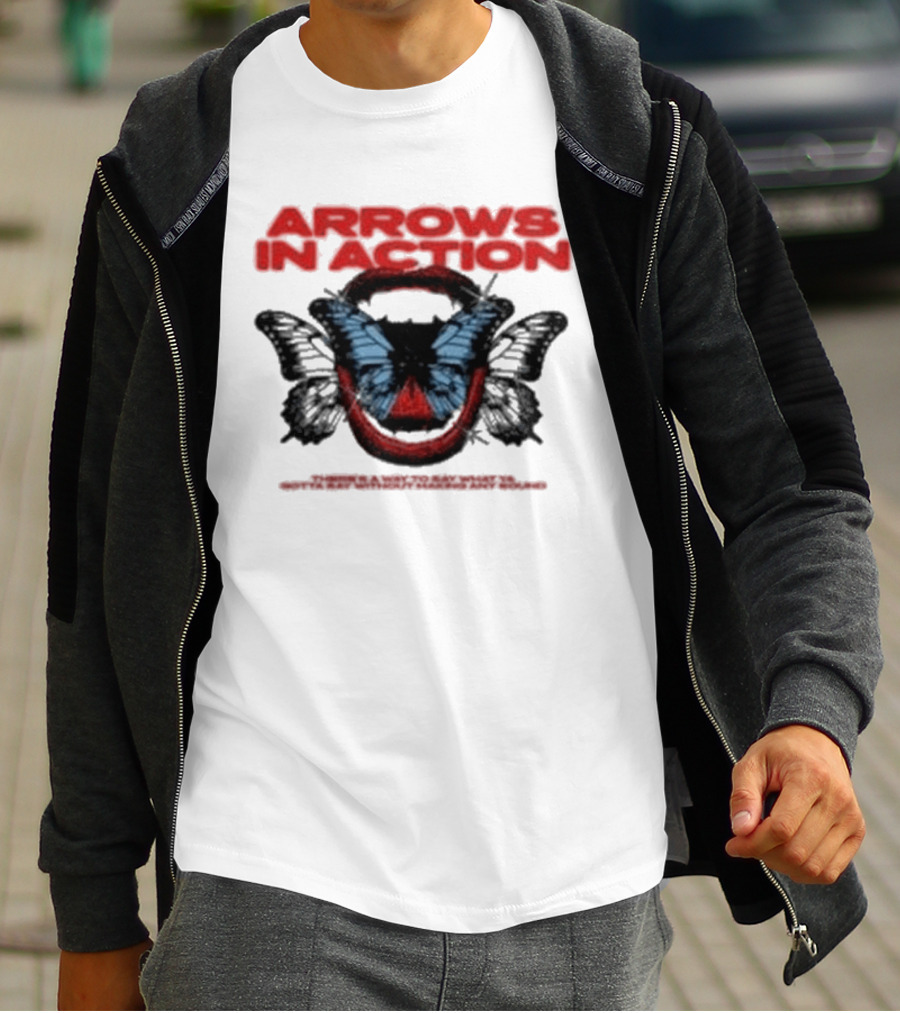 Arrows In Action Red Text Blue Butterfly T-Shirt