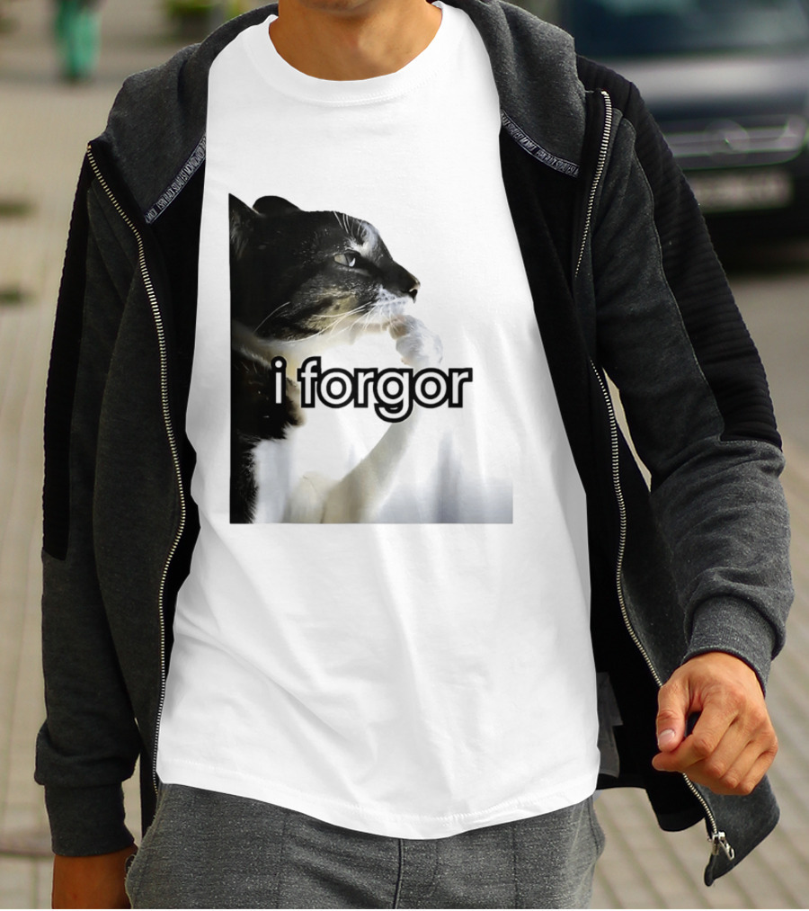 Cat I Forgor Meme Digital Image Paw Licking Pensive Moment T-Shirt
