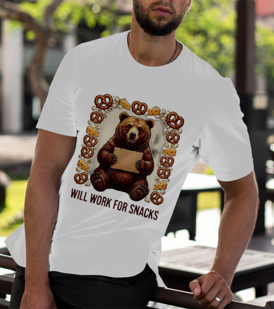 Bear Holding Cardboard Surrounded By Pretzels Cheese Popcorn Will Work For Snacks T-Shirt