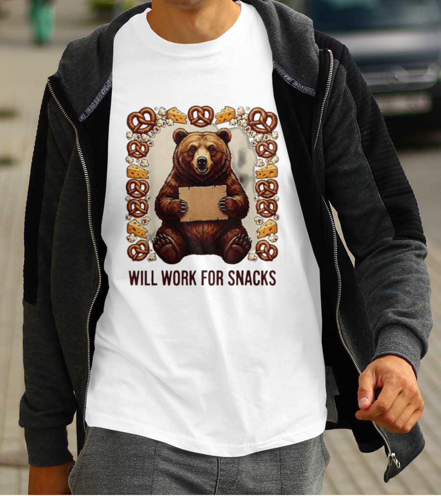 Bear Holding Cardboard Surrounded By Pretzels Cheese Popcorn Will Work For Snacks T-Shirt