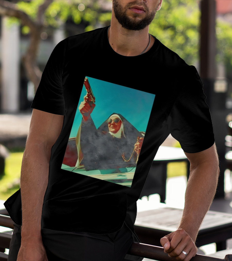 Nun In Black Habit Leaning Out Lowrider With Gun And Rosary T-Shirt