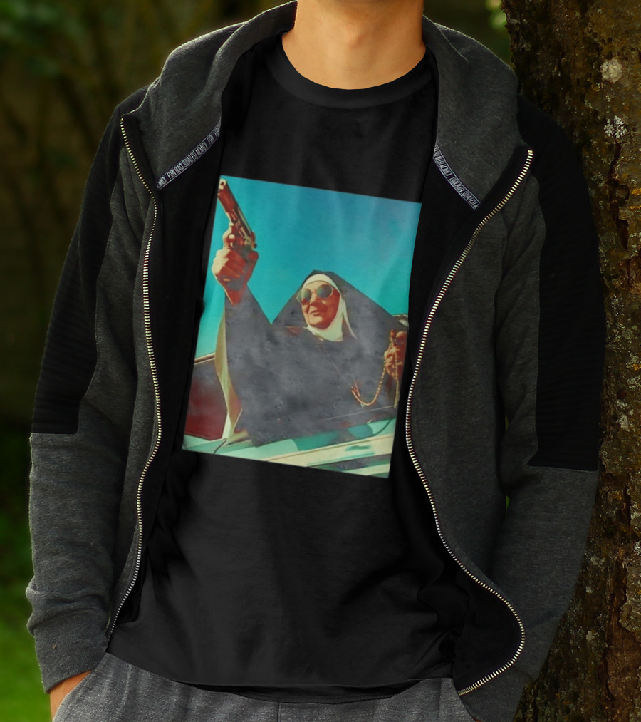 Nun In Black Habit Leaning Out Lowrider With Gun And Rosary T-Shirt
