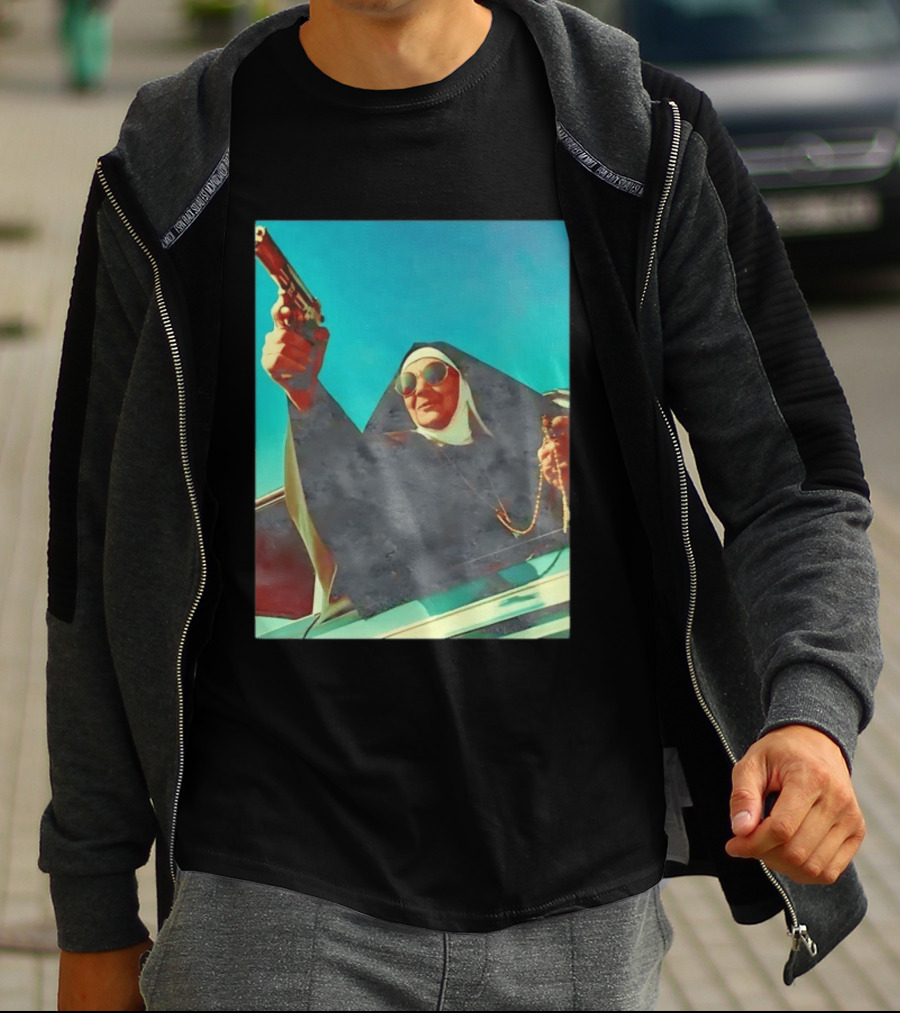 Nun In Black Habit Leaning Out Lowrider With Gun And Rosary T-Shirt